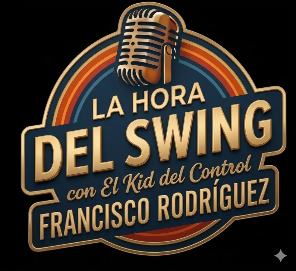 La Hora del Swing logo con micrófono vintage y arcoíris retro